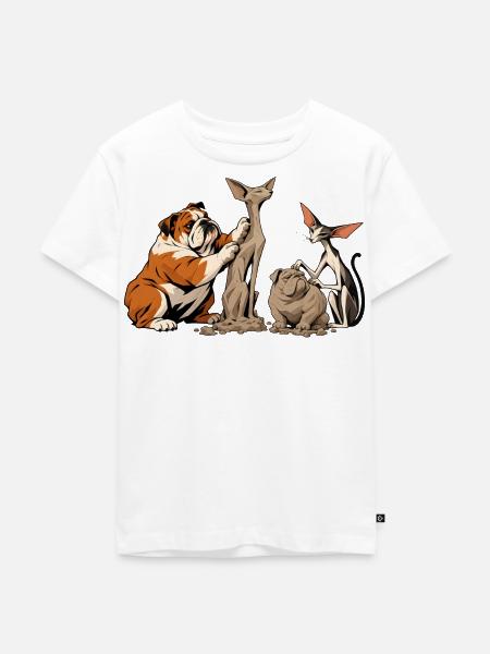 Bulldogge und Katze beim Bildhauern - Kinder Premium Bio T-Shirt - Weiß