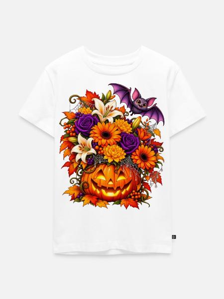 Halloween Kürbis mit Herbstblumen & Fledermaus - Kinder Premium Bio T-Shirt - Weiß
