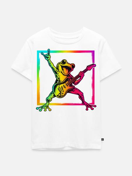 Rockender Frosch mit E-Gitarre – Neon Rock - Kinder Premium Bio T-Shirt - Weiß