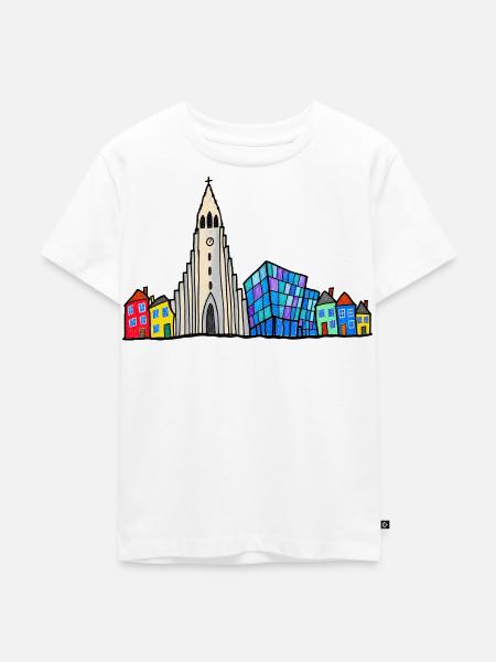 Reykjavik Skyline – Bunte Kinderzeichnung - Kinder Premium Bio T-Shirt - Weiß