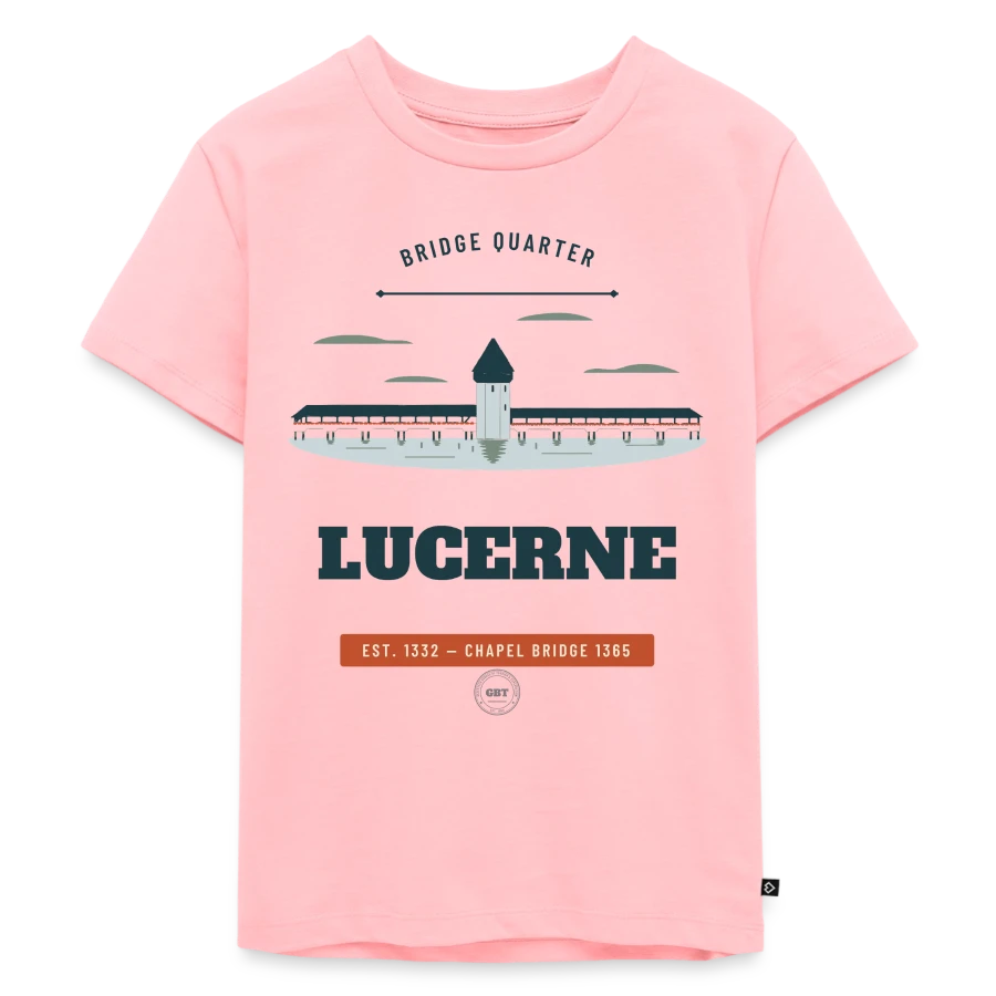 Lucerne badge on a kids premium organic t-shirt, rose