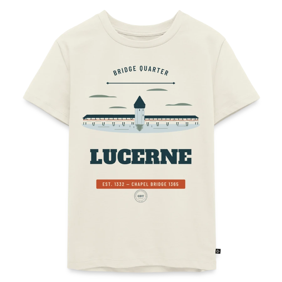 Lucerne badge on a kids premium organic t-shirt, off white