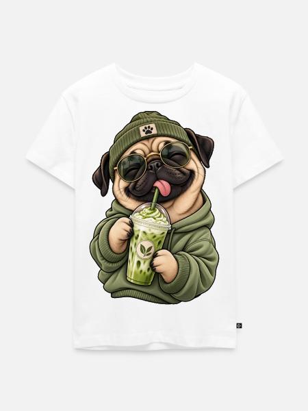 Süßer Mops mit Matcha Latte - Kinder Premium Bio T-Shirt - Weiß