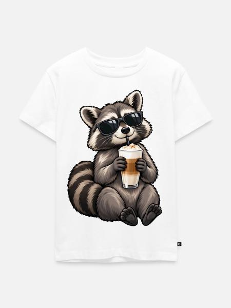 Waschbär mit Latte Macchiato – Kaffeepause - Kinder Premium Bio T-Shirt - Weiß