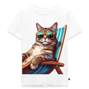 Katze mit Sonnenbrille auf Liegestuhl am Strand - Kinder Premium Bio T-Shirt - Weiß - Vorne - Hailey (125cm)