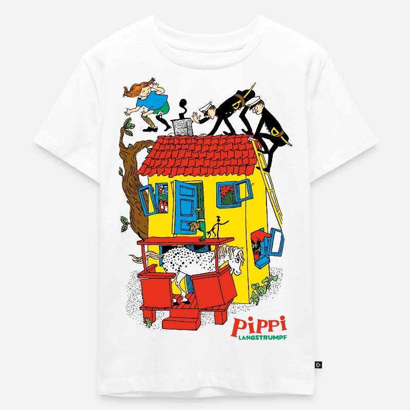 Pippi Langstrumpf Villa Kunterbunt - Kinder Premium Bio T-Shirt - Weiß