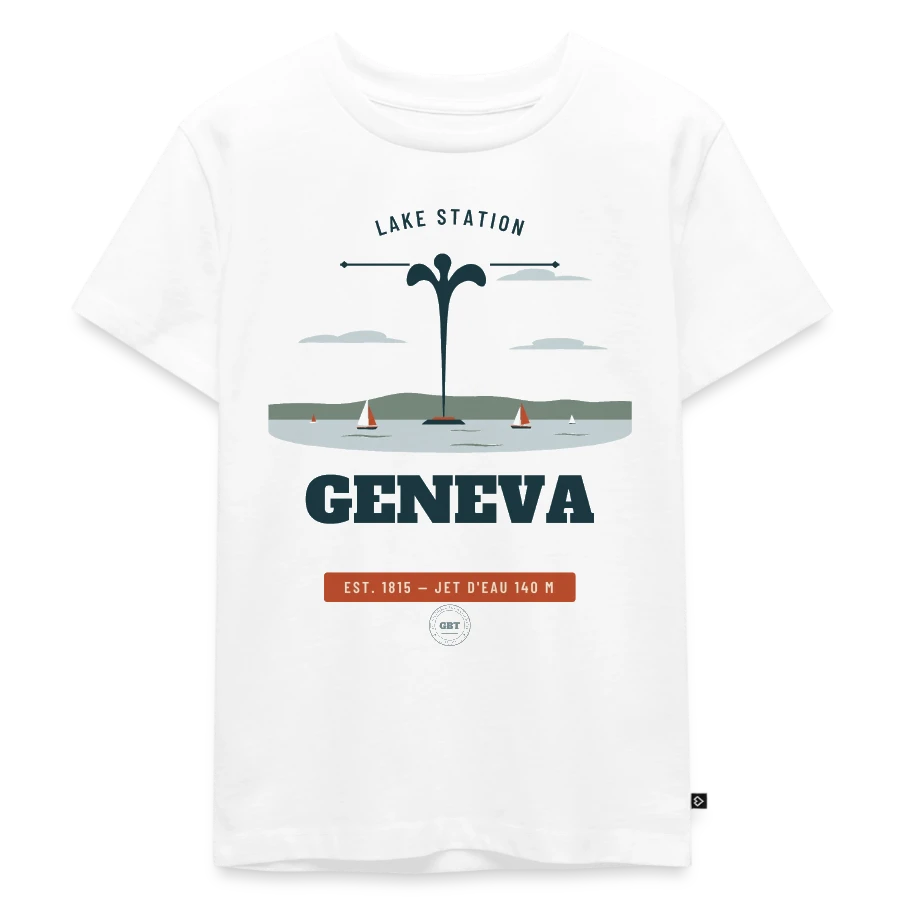 Geneva badge on a kids premium organic t-shirt, white