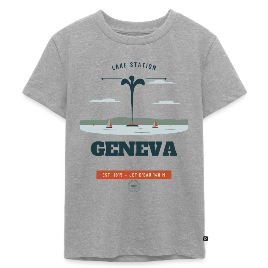 Geneva badge on a kids premium organic t-shirt, heather grey