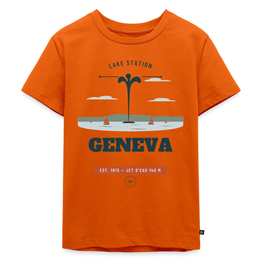 Geneva badge on a kids premium organic t-shirt, orange 