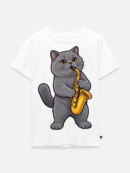 Britisch Kurzhaar mit Saxophon - Kinder Premium Bio T-Shirt - Weiß