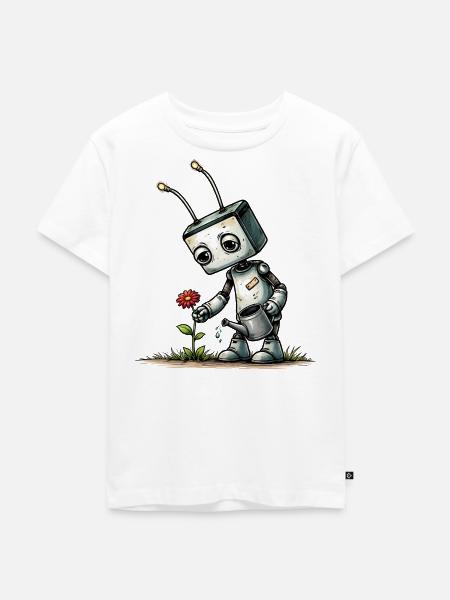 Roboter gießt eine Blume  - Kinder Premium Bio T-Shirt - Weiß