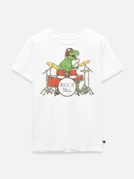 Dino Drummer RocknRoll Illustration - Kinder Premium Bio T-Shirt - Weiß
