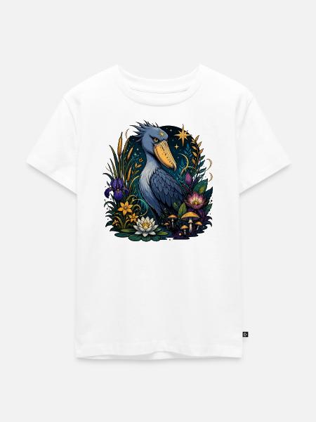 Shoebill Vogel im Blütenreich - Kinder Premium Bio T-Shirt - Weiß