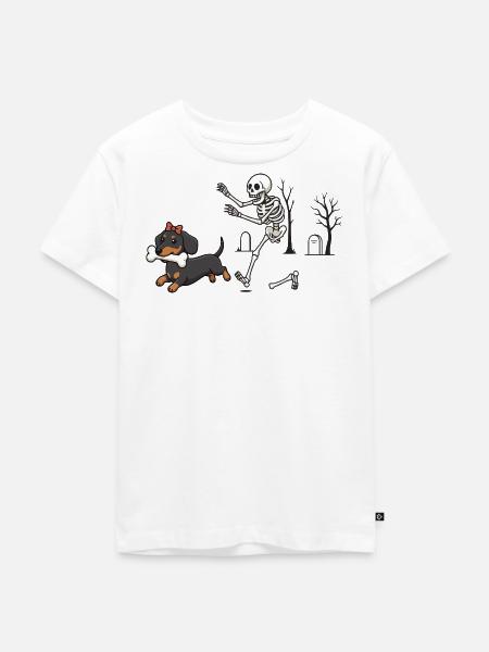 Dackel und Skelett Halloween-Jagd - Kinder Premium Bio T-Shirt - Weiß