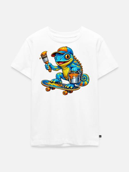 Chamäleon auf Skateboard - Kinder Premium Bio T-Shirt - Weiß