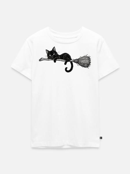 Schwarze Katze auf dem Besen - Kinder Premium Bio T-Shirt - Weiß