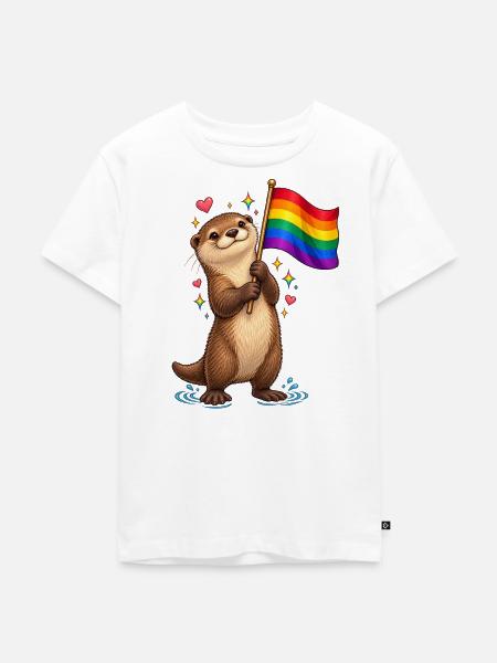 Otter mit Regenbogenflagge – Pride Motiv - Kinder Premium Bio T-Shirt - Weiß