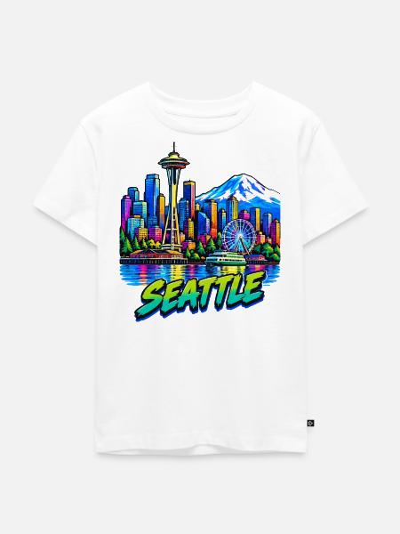 Seattle Neon Skyline - Kinder Premium Bio T-Shirt - Weiß