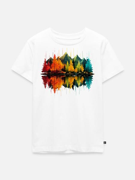 Herbstwald, Berge, See, Spiegelung, Kiefern - Kinder Premium Bio T-Shirt - Weiß