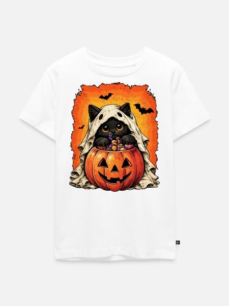 Geisterkatze Kürbisfledermäuse frohes Halloween - Kinder Premium Bio T-Shirt - Weiß
