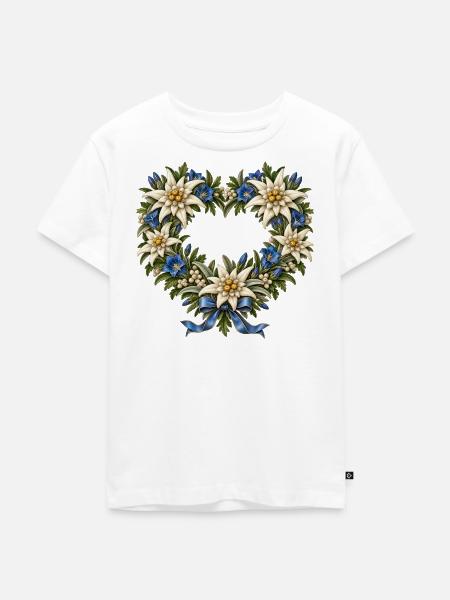Edelweißherz mit Enzian & blauer Schleife - Kinder Premium Bio T-Shirt - Weiß
