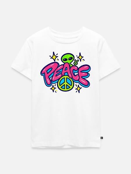 Peace Alien – Retro Neon Friedenszeichen - Kinder Premium Bio T-Shirt - Weiß