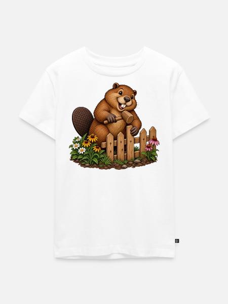 Biber baut einen Gartenzaun - Kinder Premium Bio T-Shirt - Weiß