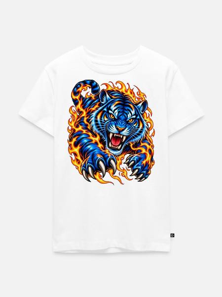 Blauer Tiger in Flammen - Kinder Premium Bio T-Shirt - Weiß