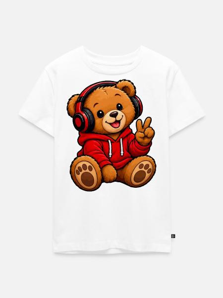 Kuschelbär Kopfhörer Hoodie - Kinder Premium Bio T-Shirt - Weiß