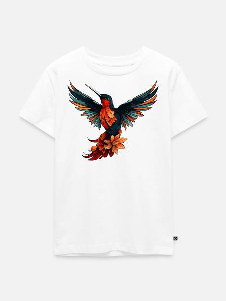 Kolibri Vogel Bunt mit Blumen - Kinder Premium Bio T-Shirt - Weiß