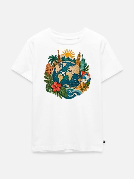 Weltreise Globus mit Landmarken - Kinder Premium Bio T-Shirt - Weiß