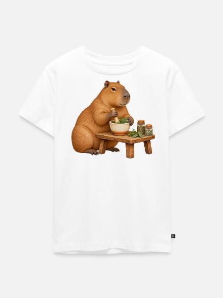 Capybara mischt Kräuter im Mörser - Kinder Premium Bio T-Shirt - Weiß
