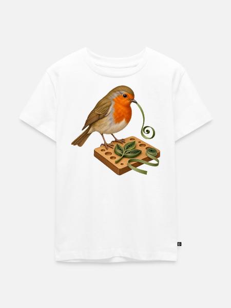 Rotkehlchen mit Quilling-Blatt - Kinder Premium Bio T-Shirt - Weiß