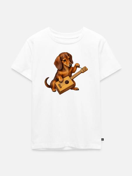 Dackel baut eine Kistengitarre - Kinder Premium Bio T-Shirt - Weiß