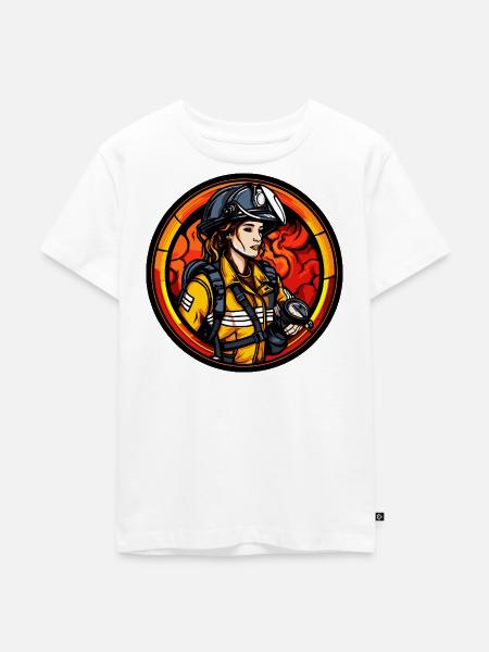 Feuerwehrfrau mit Helm und Flammen - Kinder Premium Bio T-Shirt - Weiß