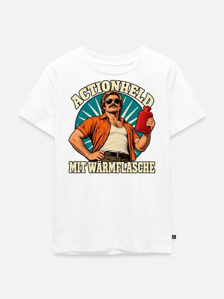 Actionheld mit Wärmflasche - Kinder Premium Bio T-Shirt - Weiß