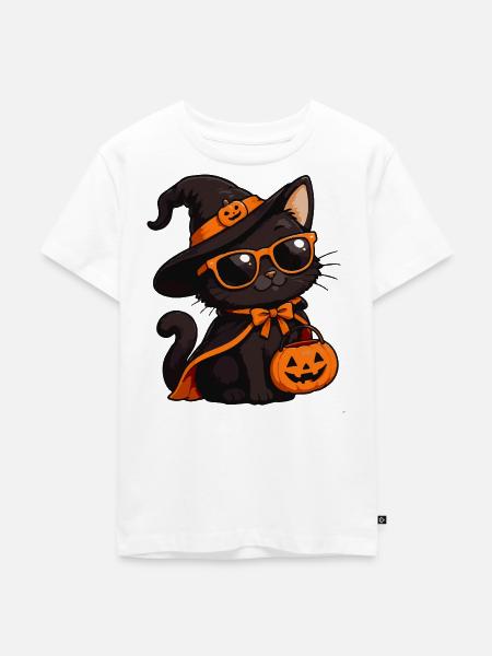 Halloween-Katze mit Kürbiskorb - Kinder Premium Bio T-Shirt - Weiß