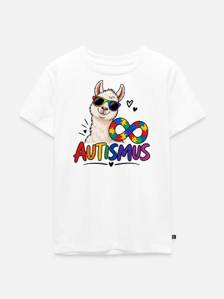 Lama Regenbogenpuzzle Autismus - Kinder Premium Bio T-Shirt - Weiß