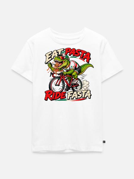 Eat Pasta Ride Fasta – Rennrad T-Rex - Kinder Premium Bio T-Shirt - Weiß