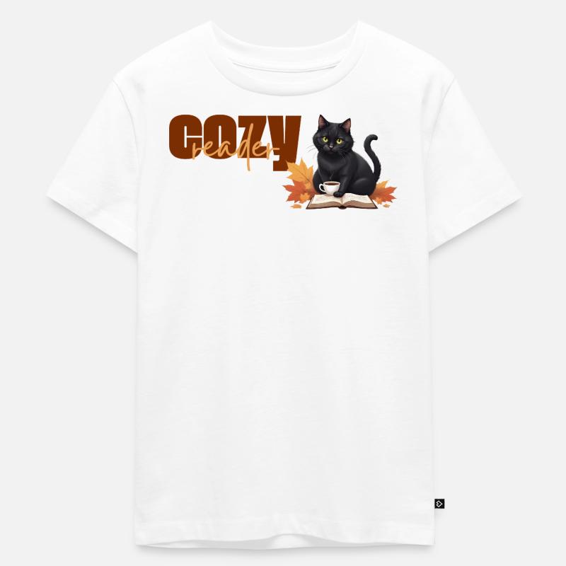 Cozy reader - Thème de lecture chat automnal - T-shirt Premium bio Enfant - blanc
