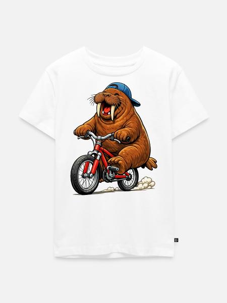 Walroß auf dem Fahrrad - Kinder Premium Bio T-Shirt - Weiß