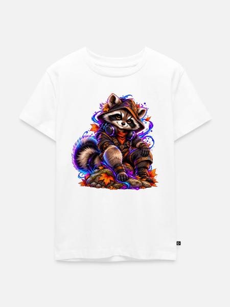 Neon-Waschbär mit Herbstlaub - Kinder Premium Bio T-Shirt - Weiß