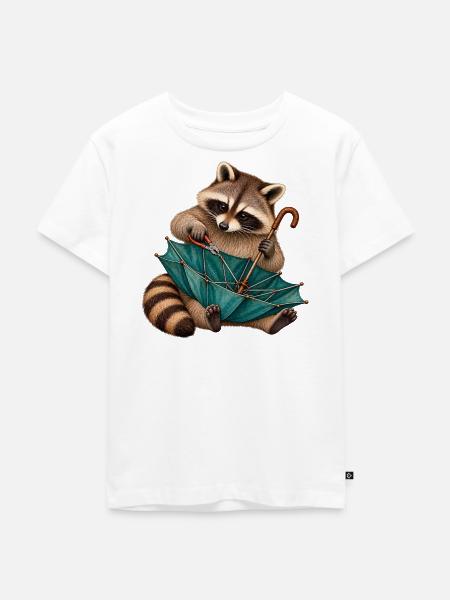 Waschbär repariert einen Regenschirm - Kinder Premium Bio T-Shirt - Weiß