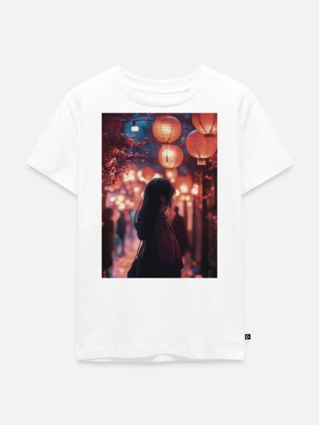 Silhouette unter roten Nachtlaternen - Kinder Premium Bio T-Shirt - Weiß