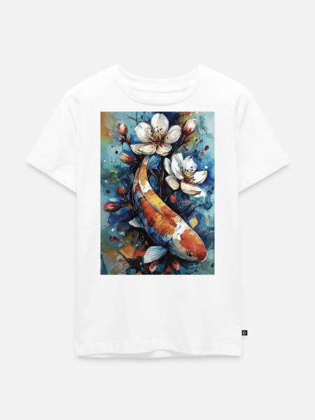 Aquarell-Koi und Blumen - Kinder Premium Bio T-Shirt - Weiß