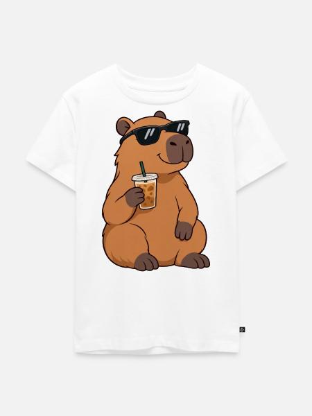Sonnenbrillen-Capybara mit Kaffee - Kinder Premium Bio T-Shirt - Weiß