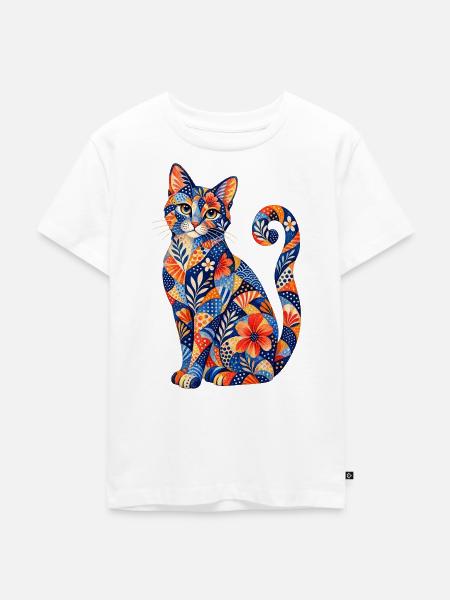 Patchwork Katze Blütenmuster - Kinder Premium Bio T-Shirt - Weiß