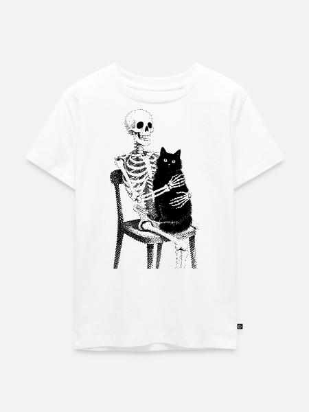 Skelett mit Katze auf Schoß - Kinder Premium Bio T-Shirt - Weiß