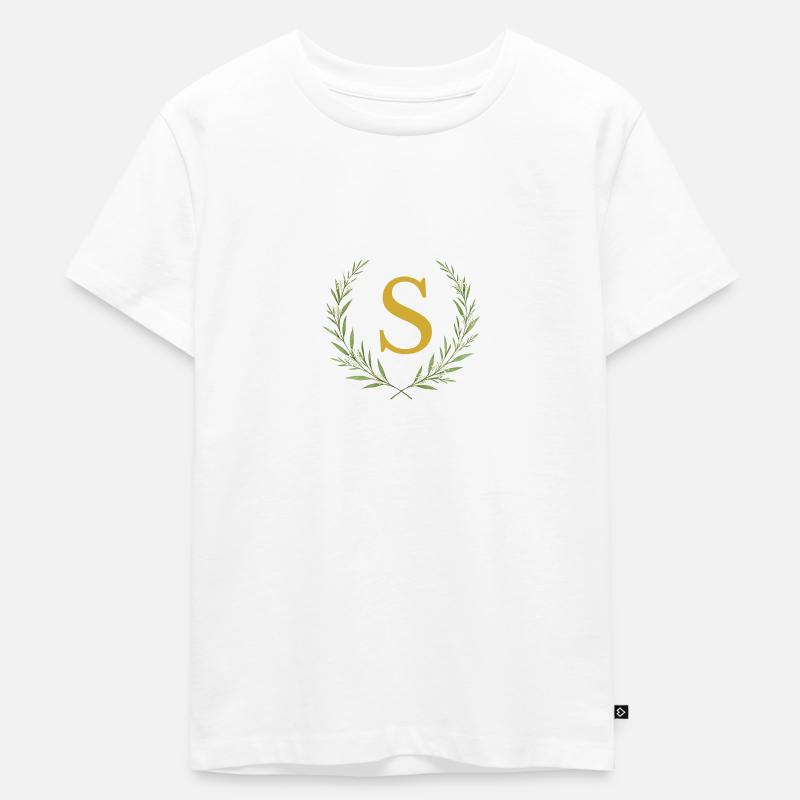 S Monogramm, Eukalyptus Kranz, personalisierbar - Kinder Premium Bio T-Shirt - Weiß