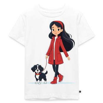 Woman walking dog on a leash - Kids Premium Organic T-Shirt - white - Front - Hailey (125cm)